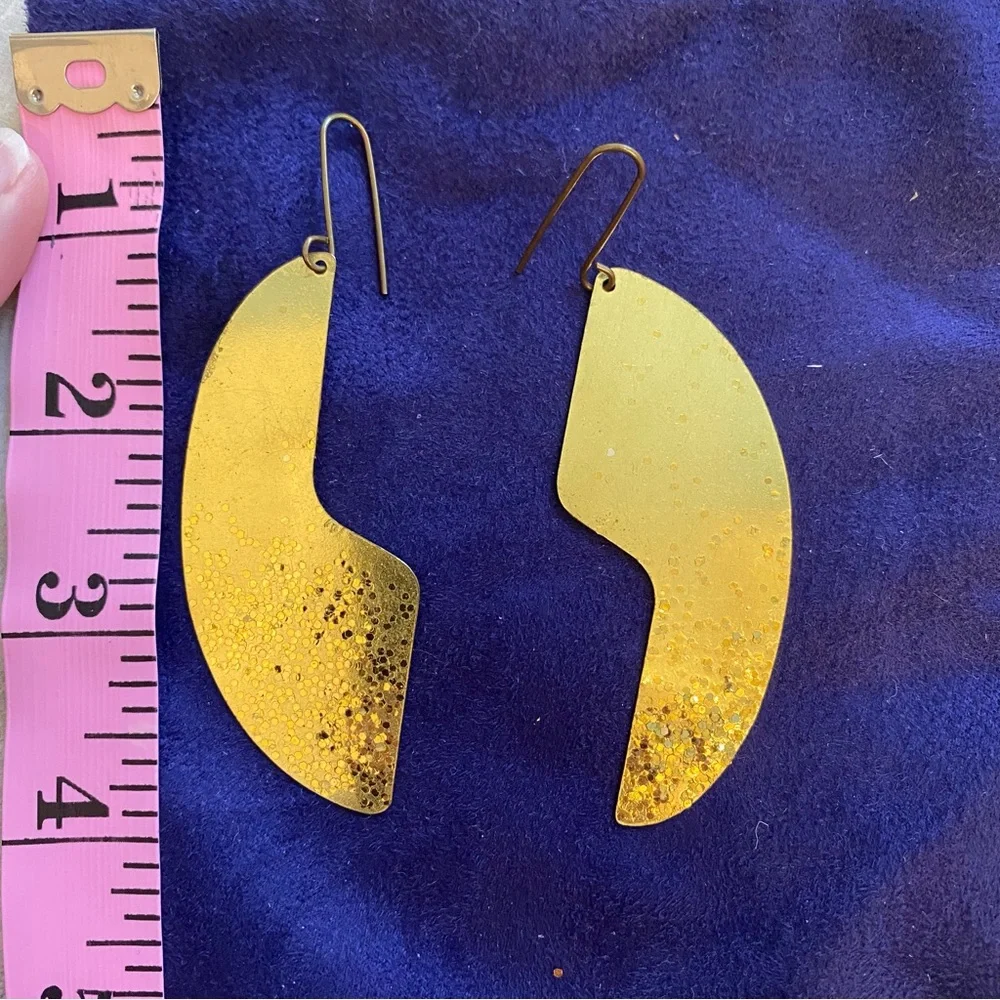 Large Gold Tone Abstract Puzzle Piece-like Earrings with Sparkles Pierced Ears